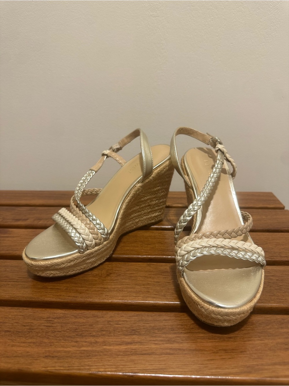 Nine West Braided Metallic Silver and Beige Wedge Sandals - Picture 2 of 8